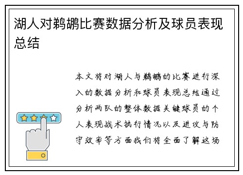 湖人对鹈鹕比赛数据分析及球员表现总结